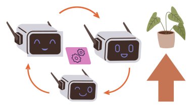 Robot bilimi, sürdürülebilirlik, eko-teknoloji, yenilik, yapay zeka, büyüme. Bitki ve yukarı doğru okla dairesel bir hareketle bağlı gülümseyen robotlar. Robot bilimi ve sürdürülebilirlik süreci görselleştirmesi