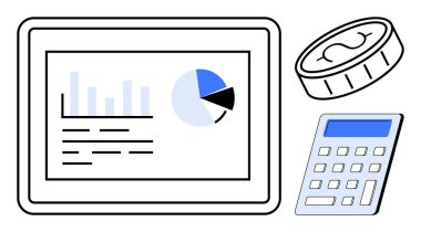 Finansal planlama, veri analizi, bütçe, ekonomi, yatırım izleme, dijital araçlar. Grafikleri, hesap makinesini ve bozuk parayı gösteren bir tablet ekran. Mali planlama ve veri analizi kavramı