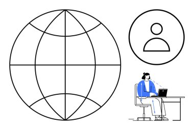 Küresel iletişim kavramı. Kullanıcı kimliği ve uzaktan çalışma teknolojisine sahip küresel bağlantı simgesi. Küresel iletişim modern işletmeleri güçlendirir. Çevrimiçi iş, küreselleşme, kimlik
