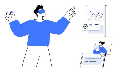 Kripto para birimi teknolojisi. Sanal gerçeklikte kripto para kullanımı, finansal işlemler ve veri analizi. Kripto para birimi modern finans ve yatırım yeniliklerini güçlendiriyor. Fintech için mükemmel.