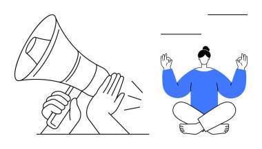 İş hayatı dengesi, farkındalık, stres atma, iletişim, iç huzur, sakin yaşam tarzı. Bir megafonu tutan ve meditasyon yapan biri. İş hayatı dengesi ve farkındalık kavramı