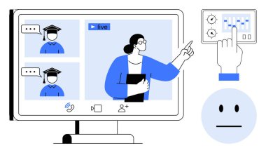 Çevrimiçi eğitim, sanal iletişim, e-öğrenme araçları, webinar yönetimi, takım çalışması, eğitim. Katılımcılar, moderatör ve kontrol paneliyle bir video konferansı. Çevrimiçi eğitim ve sanal
