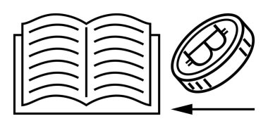 Şifreli para öğrenme. Açık kitap eğitimi ve Bitcoin ikon blok zinciri ve dijital para birimi. Kripto para birimi, engelleme zinciri, eğitim, fintech, e-öğrenme görselleri için mükemmel