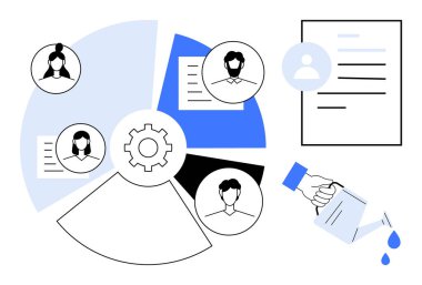 İş akışı yönetimi, takım işbirliği, insan kaynakları, verimlilik artışı, veri akışı, kaynak tahsisi. Profil, dişli simgesi ve pasta grafiği. Çalışma akışı yönetimi ve takımı