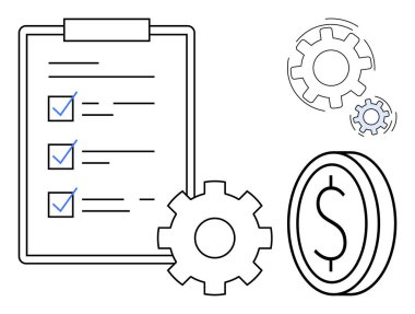 İş stratejisi, finansal yönetim, iş akışı verimliliği, otomasyon, hedef belirleme, planlama. Görsel kontrol listesi, vites dolar sembolü. İş stratejisi ve mali yönetim
