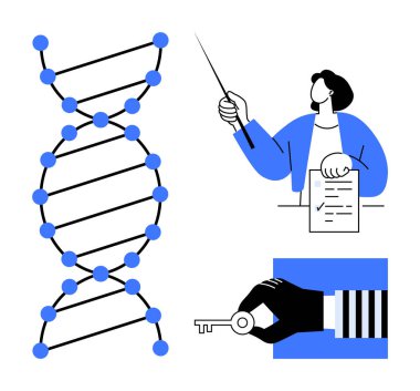 DNA sarmal yapısı, belgesi ve işaretçisi olan öğretmen, el ele tutuşmalar. Bilim, eğitim, yenilik, araştırma, keşif veri güvenliği biyoteknolojisi için idealdir. Düz ve basit metafor