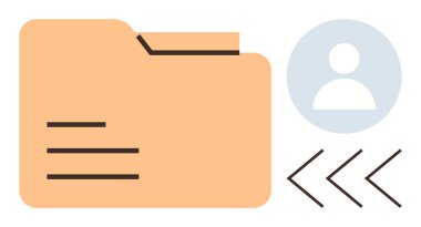 Veri depolama, dijital organizasyon, dosya paylaşımı, kullanıcı erişimi, çevrimiçi yönetim, işbirliği araçları. Turuncu klasör, kullanıcı profili simgesi ve oklar. Veri depolama ve dijital organizasyon kavramı