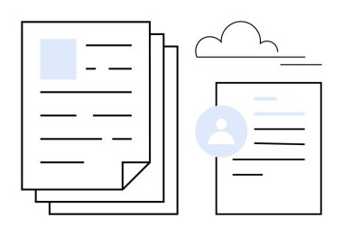 Veri depolama, bilgi erişilebilirliği, bulut hesaplama, kişisel kimlik tespiti, belge organizasyonu, çevrimiçi platformlar. Belgeler yığını, bulut simgesi kullanıcı profili figürü. Bulut hesaplama