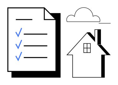 Görev organizasyonu, ev planlaması, proje programı, ev sahipliği, asgari tasarım, verimlilik takibi. Basit bir ev grafiğinin yanında mavi işaretli bir kontrol listesi. Görev örgütü ve ev