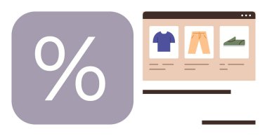 Çevrimiçi alışveriş, satış promosyonu, e-ticaret, web mağazaları, perakende indirimler, kullanıcı arayüzleri. İçinde kıyafet eşyaları olan bir web sitesinin yanında yüzde işareti. Çevrimiçi alışveriş ve satış tanıtım kavramları