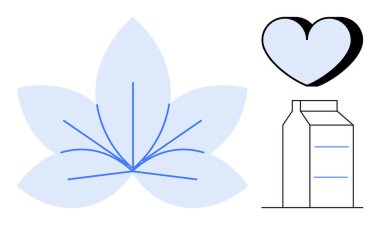 Çevresel sürdürülebilirlik, sağlıklı yaşam, süt ürünleri, çevre dostu olma, minimalizm, organik yaşam tarzı. Soyut mavi yaprak, kalp ve süt kutusu ana hatları. Sürdürülebilirlik ve sağlıklı yaşam