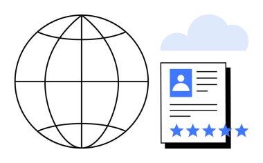 Kişisel profili, kullanıcı detayları, bulut simgesi ve beş yıldızlı derecelendirme konsepti olan dünya. Çevrimiçi itibar, küresel bağlantı, profil yönetimi, veri analizi, müşteri geri bildirimi için ideal