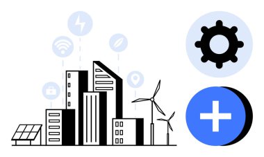 Akıllı şehir. Kentsel altyapı entegre teknoloji simgeleri, yenilenebilir enerji sembolleri ve sürdürülebilir kalkınma. Akıllı şehir yeniliği, temiz enerji ve bağlantı. Şehir planlaması için, temiz.
