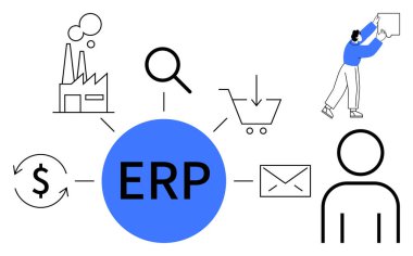 ERP yazılım konsepti. ERP iş yönetimi, iş akışı optimizasyonu ve veri entegrasyonunu modernize eder. ERP işlemleri basitleştirir ve verimliliği artırır. İş, lojistik, finans, takım için