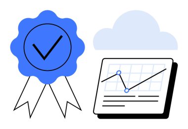 Analitik grafik ve bulut simgesinin yanında işaret olan kurdele rozeti. Sertifika, başarı, veri analizi, bulut teknolojisi, kalite güvencesi, güvenilirlik, basit düz metafor