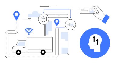 Lojistik konsept. Lojistik, paket takibi, bağlı ulaşım ve veri odaklı tedarik zinciri ile çizilmiş. Lojistik dağıtım verimliliğini ve iş operasyonlarını geliştiriyor. Tedarik zinciri