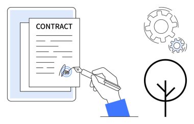 Yasal hizmetler, dijital dönüşüm, sözleşme yönetimi, iş akışı otomasyonu, iş çözümleri, çevre dostu uygulamalar. Tablet, vites ve ağaç sembolü için el imzası sözleşmesi. Yasal hizmetler