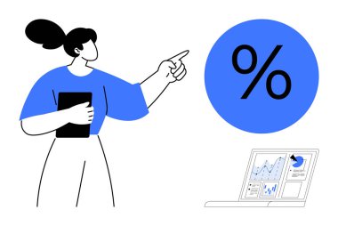 İş stratejisi, finansal planlama, veri görselleştirme, analitik, eğitim, işyeri verimliliği. Kadın, finansal tabloları gösteren bir dizüstü bilgisayarla yüzde sembolünü işaret ediyor. İş stratejisi