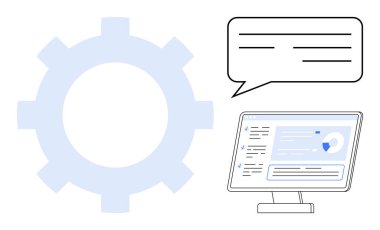 Business processes, communication, teamwork, workflow management, analytics, information technology. Gear icon, speech bubble and computer with analytics dashboard. Communication and workflow