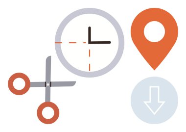 Zaman izleme, navigasyon, düzenleme, dijital araçlar, yaratıcı tasarım, dosya indirme. Saat, konum iğnesi, makas aşağı ok. Zaman izleme ve gezinme kavramları görsel olarak