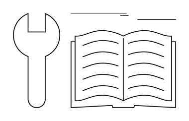 Bilgi dengesi ve pratik aletleri gösteren İngiliz anahtarı eşliğinde açık bir kitap. Eğitim, beceri öğrenme, sorun çözme, onarım rehberleri, kaynaklar, teknik kılavuzlar, yenilikler için ideal