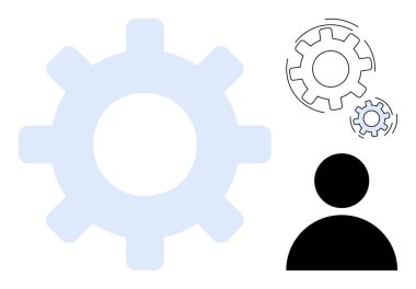 Teamwork, process management, systems thinking, collaboration, problem-solving, workflow optimization. Large gear, smaller gears and a human figure interaction. Teamwork and process management