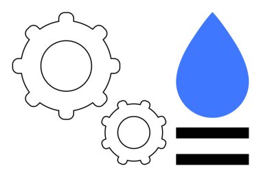 Mavi bir su damlası ve eşit tabela yanında siyah dişliler kaynak verimliliği, teknoloji, sürdürülebilirlik, yenilik, mekanik, çevresel koruma ve endüstriyel süreçleri işaret eder