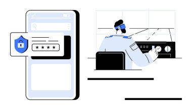 Kontrol odasındaki operatörün yanı sıra şifre güvenliğiyle mobil arayüz. Siber güvenlik, teknoloji, veri güvenliği, internet gizliliği, şifre yönetimi, çevrimiçi koruma, basit daire