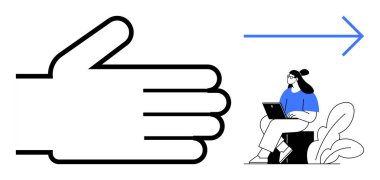 Navigasyon konsepti. Navigasyon, sağ tarafı gösteren büyük bir el hareketi, ok yönü ve dizüstü bilgisayarda çalışan bir kadın ile resmedildi. İş akışı, karar verme mekanizması, üretkenlik