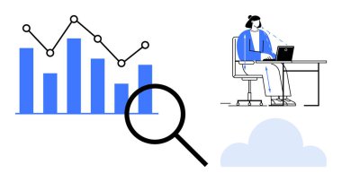 Veri analiz konsepti. Veri analizi grafikler, büyüteç ve uzaktan çalışma elementleriyle gösterilir. İzleme, karar verme, bulut hesaplama ve araştırma stratejileri için veri analizi