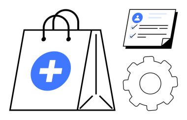 Haçlı tıbbi çanta, kontrol işaretli kişisel profil formu, dişli sembolik işlemler. Sağlık, e-ticaret, tıbbi yönetim, çevrimiçi hizmetler, iş akışı, üretkenlik için ideal