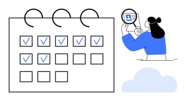 Görev yönetimi konsepti. Takvim ızgaralı görev organizasyonu, işaretler ve ayrıntıları analiz eden kullanıcı. Görev yönetimi verimliliği, programları ve proje takibini artırır. Görev için, eğitim için