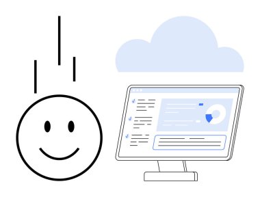 Bulut hesaplama, veri analizi, kullanıcı deneyimi, teknoloji entegrasyonu, dijital dönüşüm, ağ sistemi. Gülen yüz, bulut simgesi ve bilgisayar monitörü. Bulut hesaplama ve veri analizi