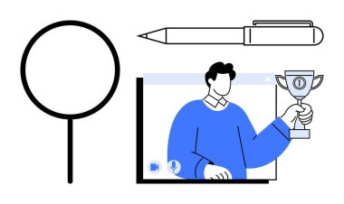 Sanal bir toplantıda elinde bir kupa tutan bir adam, büyüteç ve kalemle çevrili. Temalar için ideal uzak başarı, çevrimiçi tanınma, liderlik, başarı, sanal iş, yönetim