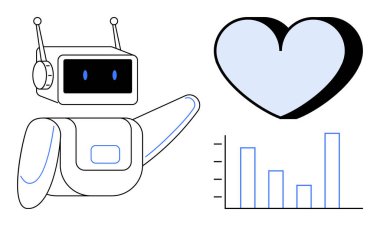 Yapay zeka, duygusal zeka, analitik, teknolojik yenilik, insan-makine etkileşimi, veri görselleştirme. Kalp ve çubuk grafiğinin yanında bir robot. Yapay zeka