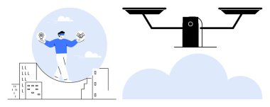 Karar verme, eşitlik, adalet, şehir toplumu, hukuk dengesi, etik seçimler. Şehir manzarası üzerinde teraziyi dengeleyen kişi ve bulutlarla karşılaştırılan ağırlık terazisi. karar verme ve eşitlik