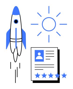 Roket, beş yıldızlı ve güneş ikonlu profesyonel profil belgesinin yanından kalkıyor. Kariyer geliştirme, performans değerlendirmeleri, başarı, yenilik, kişisel markalaşma, adam toplama, vizyon için ideal