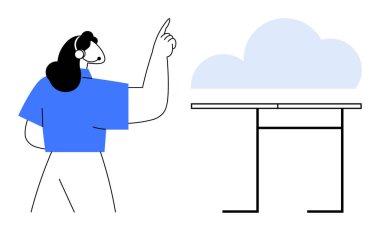 Bulut hesaplama, dijital hizmetler, iletişim, takım çalışması, uzaktan çalışma, teknoloji. Basit bir masanın üzerine yerleştirilmiş bir bulutu işaret eden biri. Bulut hesaplama ve dijital servis kavramı