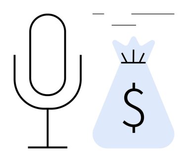 Mikrofon ve para çantası kazanma potansiyelini, ses monetizasyonunu ve ses endüstrisindeki finansal büyümeyi sembolize ediyor. Podcastler, seslendirmeler, pazarlama, teknoloji, serbest yazarlık, ses için ideal