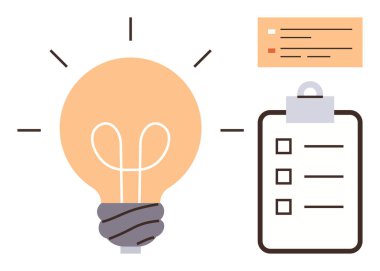 Beyin fırtınası, üretkenlik, planlama, hedef belirleme, yenilik, görev yönetimi. Ampul ve kontrol listesi simgesi fikirleri ve organizasyonu iletir. Beyin fırtınası ve üretkenlik planlama kavramı