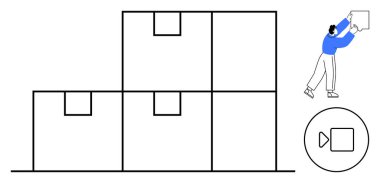Depo yönetimi. İşçi istiflenmiş kutuları düzenliyor, verimli envanter yönetimini geliştiriyor. Lojistik, depolama sistemleri, tedarik zinciri ve ambalaj optimizasyonu için depo çözümleri