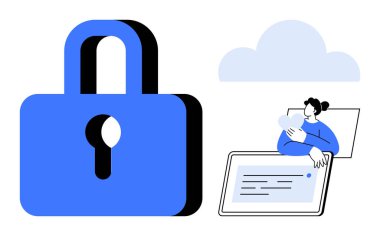 Veri güvenliği kavramı. Kilitlerin güvenli erişimine sahip veri koruma sembolü. Veri güvenliği, güvenli bulut depolama ve kişisel bilgi korumasını sağlar. Teknoloji, gizlilik, bulut hesaplama, çevrimiçi