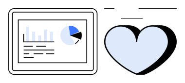 Veri analizi, sağlık hizmeti, sağlık teknolojisi, sağlık anlayışı, istatistik, dijital aletler. Kalp ikonunun yanında bar tablosu ve pasta grafiği olan bir ekran. Veri analizi ve sağlık konsepti