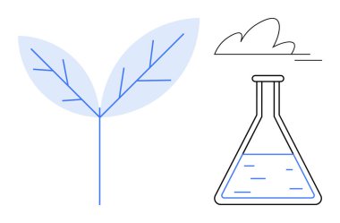 Sürdürülebilirlik, çevre bilimi, biyoteknoloji, çevre dostu çözümler, doğa, yenilik. Bulutlu stilize bir yaprak ve matara. Sürdürülebilirlik ve çevre bilimi kavramları