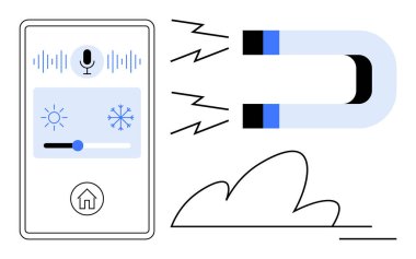 Akıllı ev, otomasyon, loto, ses komutu, sıcaklık kontrolü, bağlantı. Mıknatıs bağlantısının yanında akıllı telefon arayüzü. Akıllı ev ve otomasyon teknolojisi kavramı