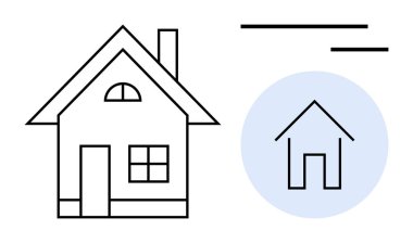 Gayrimenkul, inşaat, mimari tasarım, konut piyasası, emlak geliştirme, çizgi sanatı. Dairesel bir ikonun yanındaki evin minimalist çizimi. Emlak ve ev inşaatı