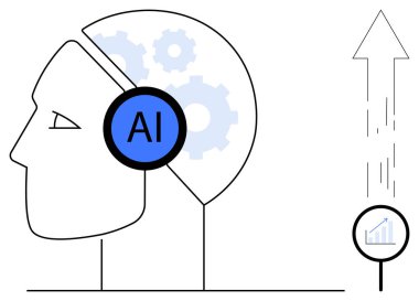 Yapay zeka, yenilik, veri analizi, makine eğitimi, teknoloji trendleri, ilerleme. Yapay zeka dişlileri ve büyüme oku olan bir insan kafası. Yapay zeka ve yenilik kavramı