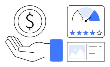 Financial concept. Features a hand with a dollar symbol, user ratings, and analytical metrics. Financial tracking and insights. Ideal for business strategy, investments, user feedback, marketing