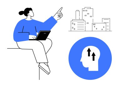 Şehir yapılarına ve kafa simgesi fikirlerine işaret eden bir dizüstü bilgisayarlı iş büyümesi. Girişimcilik, yenilik, takım çalışması, kentsel planlama ve eğitim için iş büyümesi