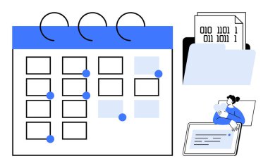 Program konsepti. Toplantı ve teslim tarihleri için takvim planlama ve organizasyon. Program dijital dosya depolama ve uzaktan çalışma araçlarıyla birleştirildi. Üretkenlik, takım çalışması, uzak işler için